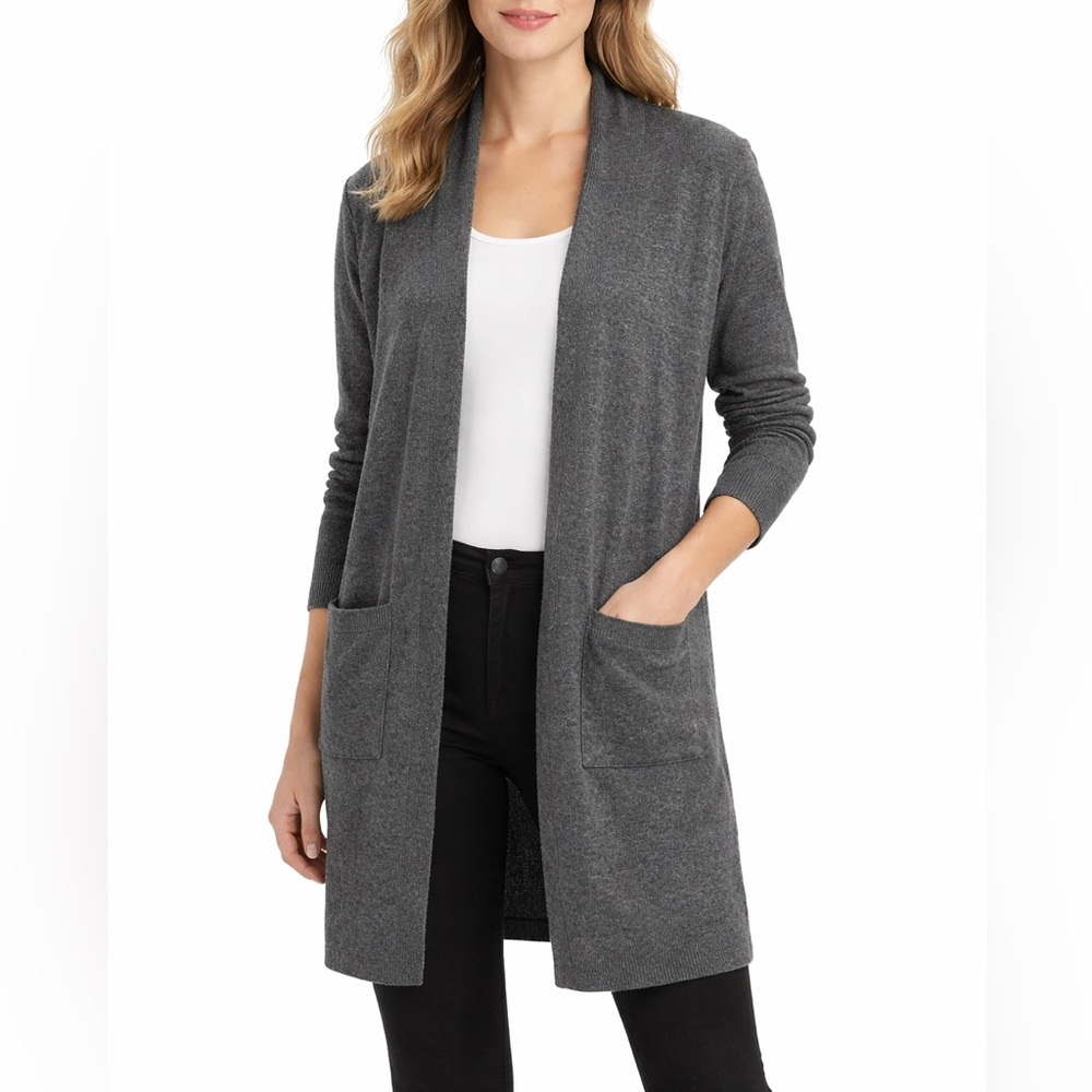 Theory Long Charcoal Duster Cardigan Size Small Open Sweater Wool Blend